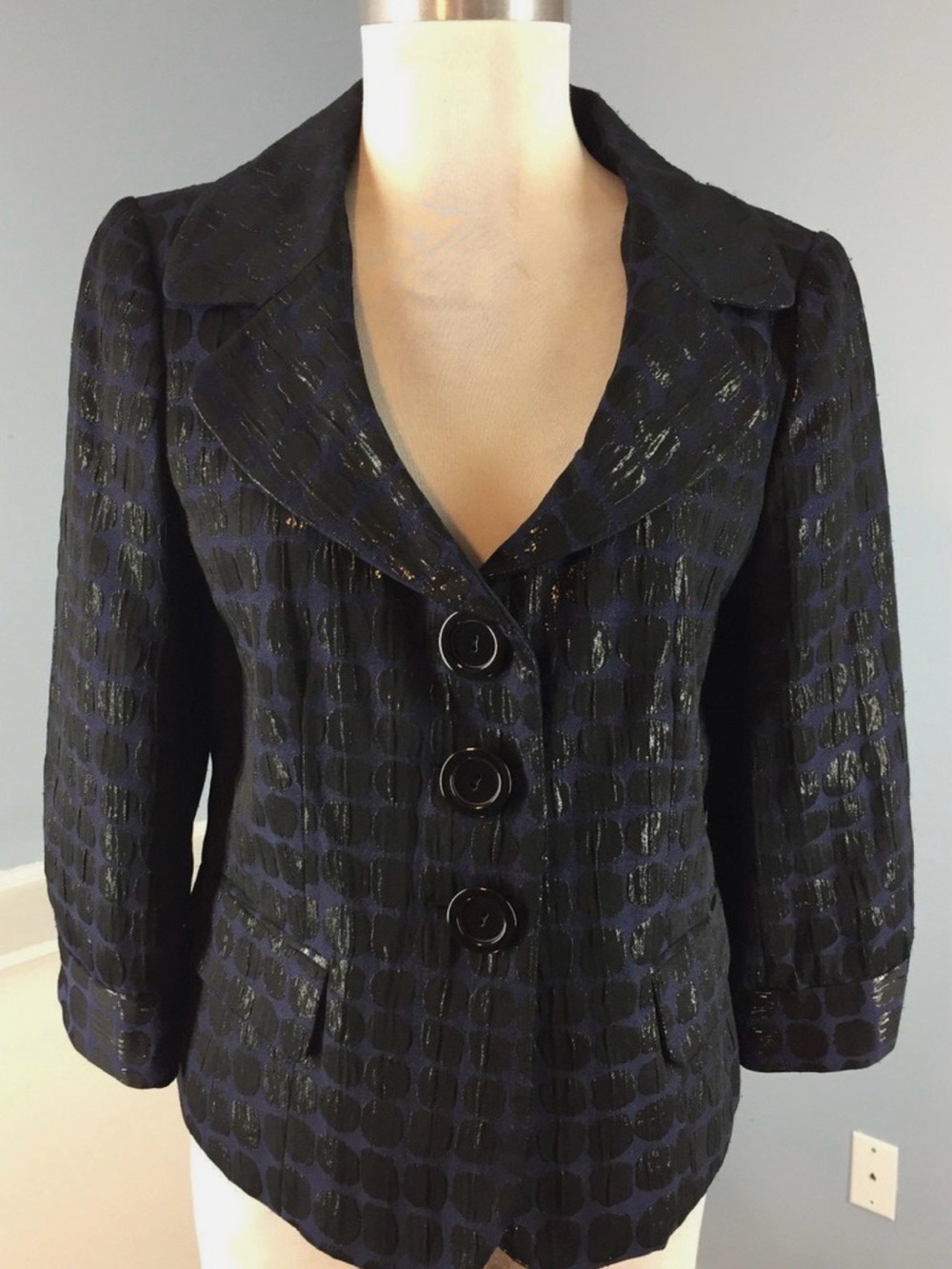 CHAUS Navy Blue Black Polka Dot Blazer